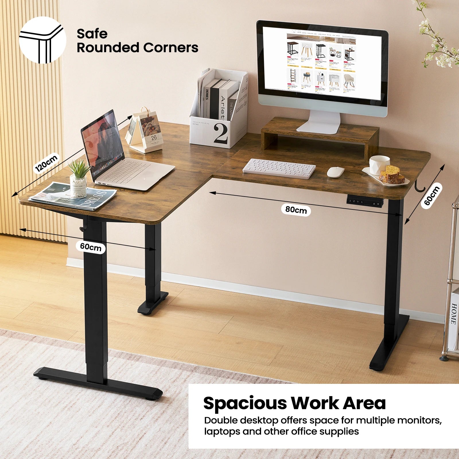 Table d'angle de bureau électrique en forme de L, support assis, 140x120cm, recommandé, bureau d'ordinateur réglable avec 4 commandes de mémoire, support de moniteur