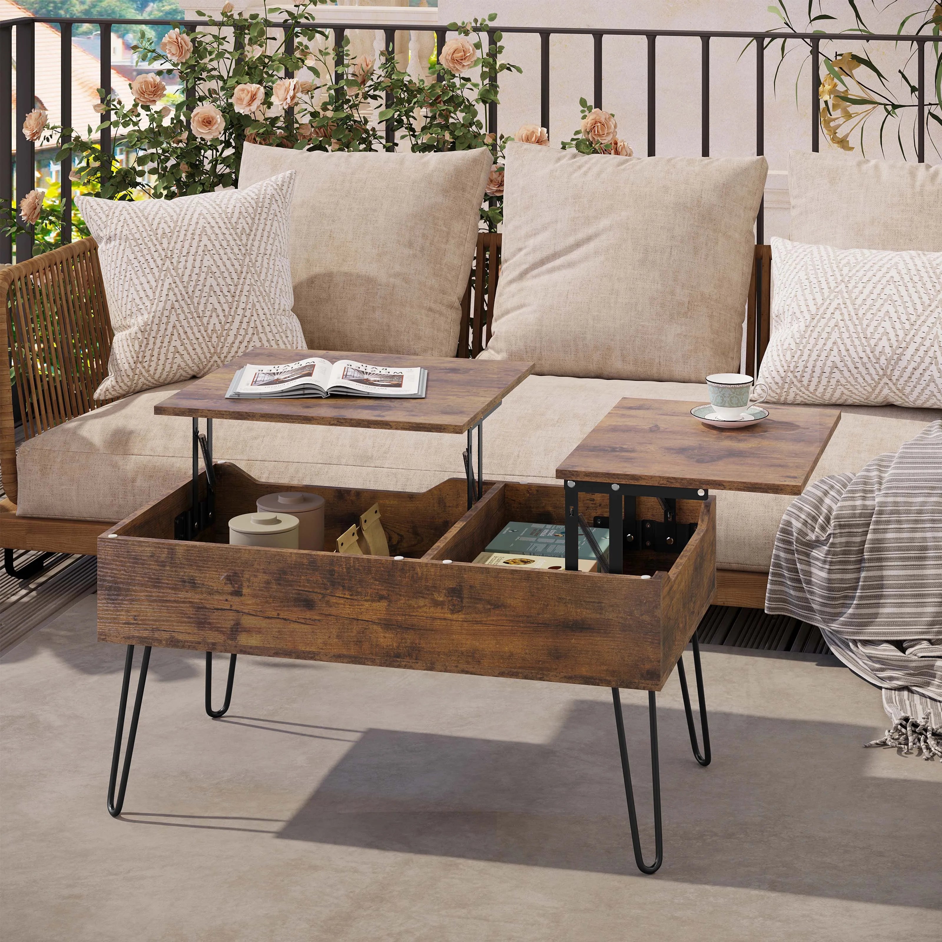 WOLTU Table de canapé de salon Double plaque de levage Table basse Table basse extractible réglable en hauteur rangement caché séparé