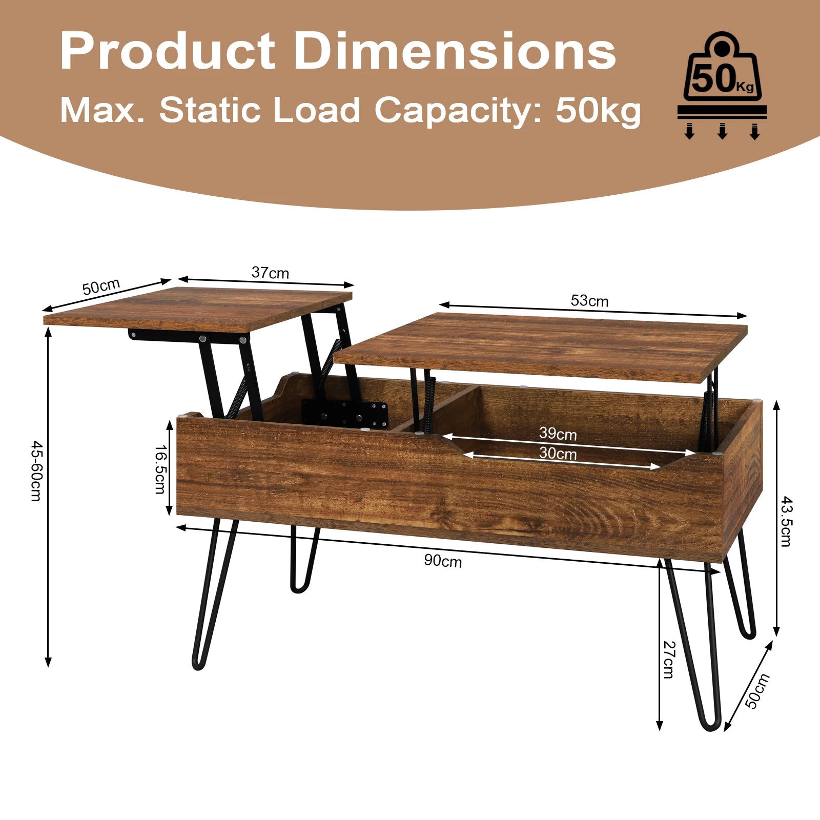 WOLTU Table de canapé de salon Double plaque de levage Table basse Table basse extractible réglable en hauteur rangement caché séparé